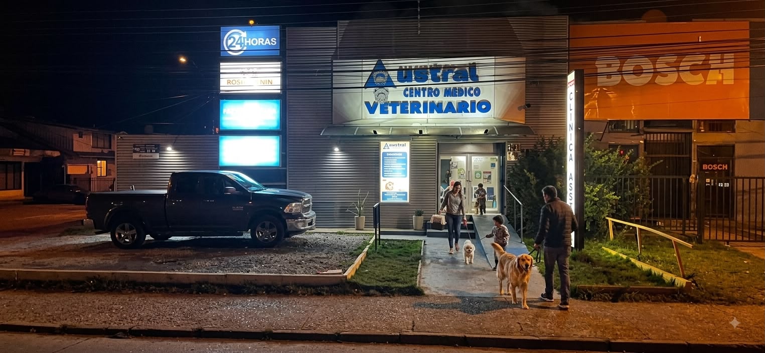 Fachada de noche de Clínica Veterinaria Austral iluminada en Puerto Montt, con urgencias veterinarias 24 horas