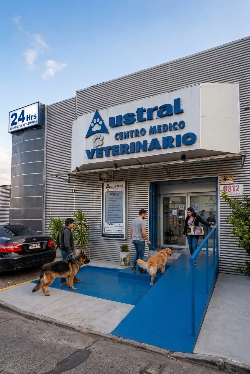 Fachada de día de Clínica Veterinaria Austral en Av. Pdte. Ibáñez 0312, Puerto Montt, con atención de urgencias 24 horas