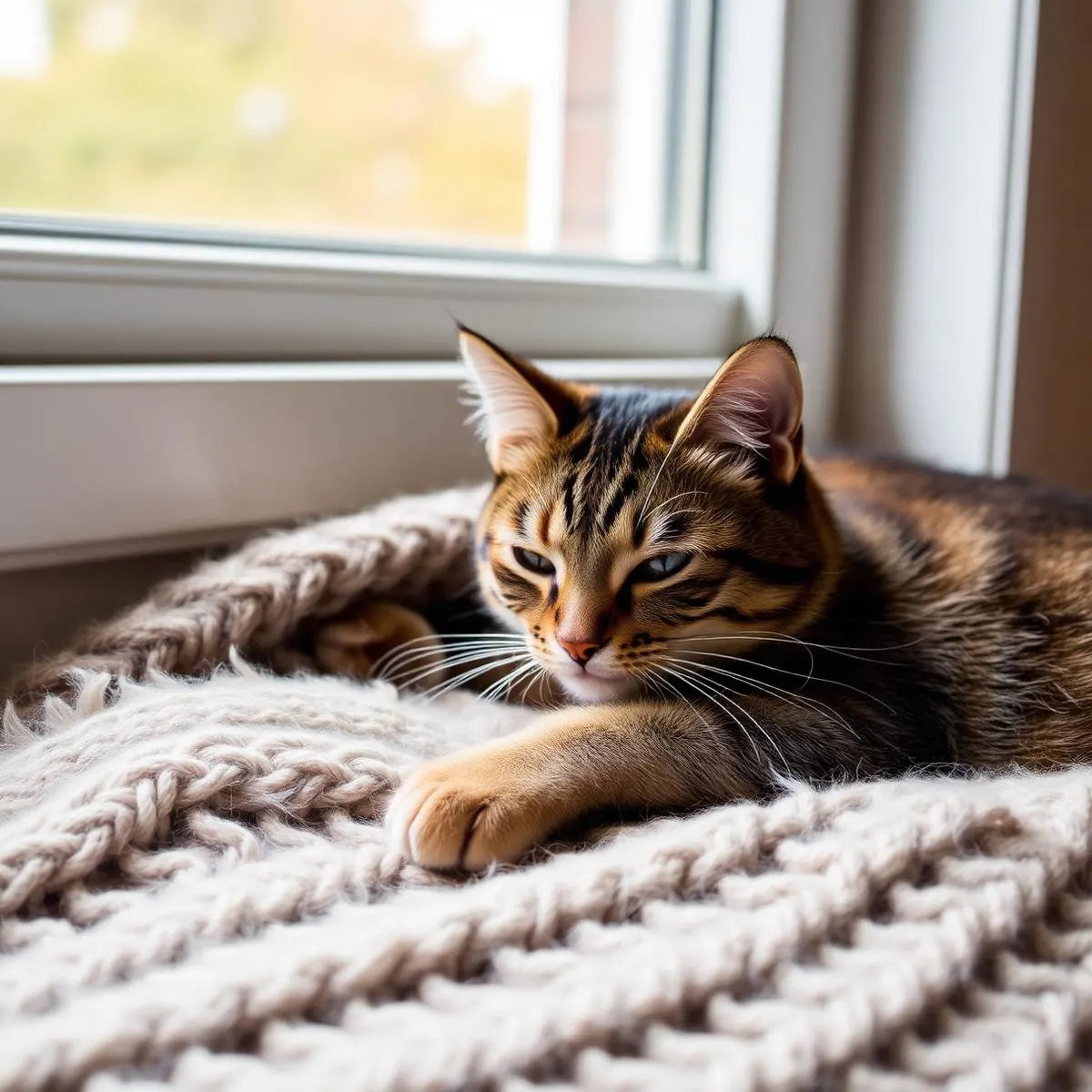 Gato descansando tranquilo sobre una manta durante su control veterinario en Clínica Austral, Puerto Montt